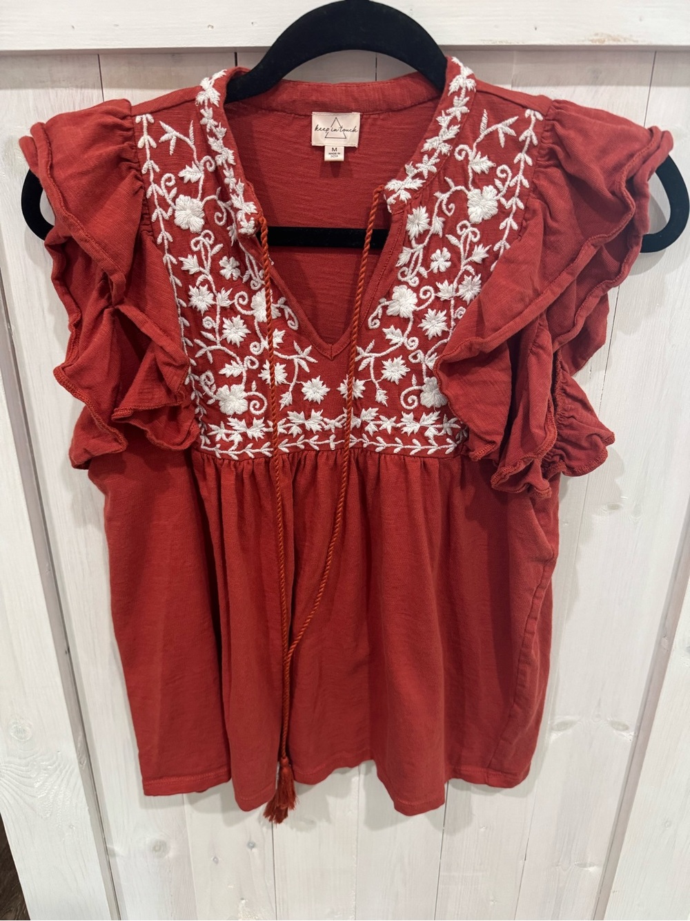 Angie Rust Red Embroidered Ruffle Sleeve Camisole